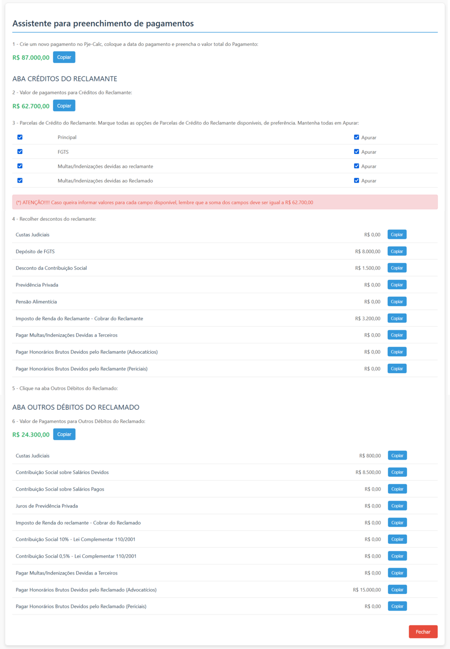 Relatório com as informações para inserir pagamento